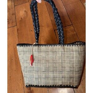 Redfish Designs Straw Black  Tan Woven Summer Tote Bag Fish Hang Tag Women's